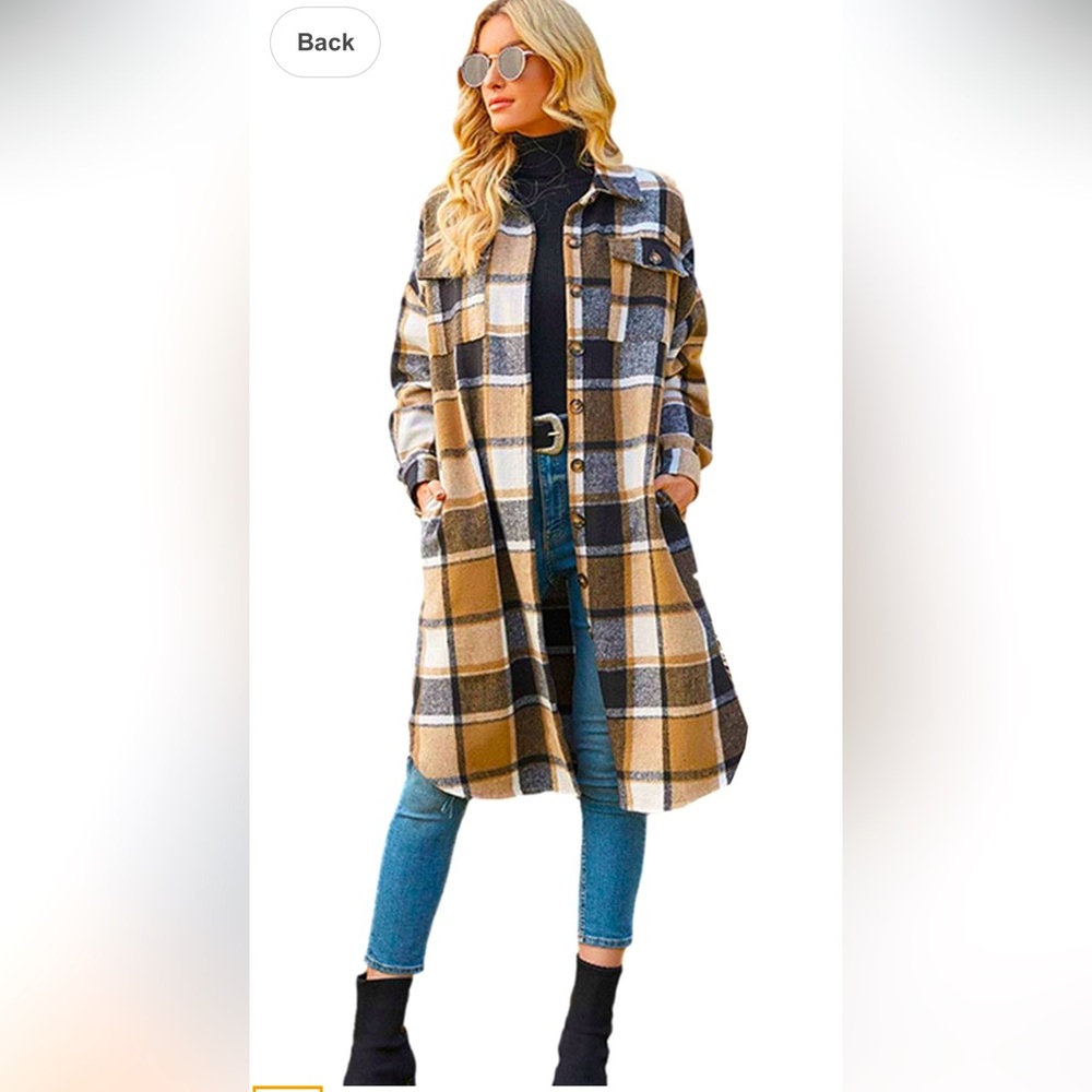 Full length plaid coat.